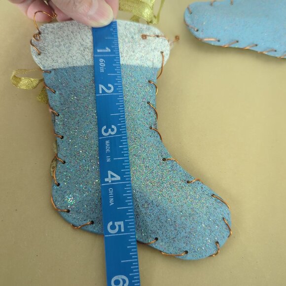 Handmade Blue White 2 Glitter Ornaments Christmas Stocking Metal 5.5" Snowman - Picture 7 of 9